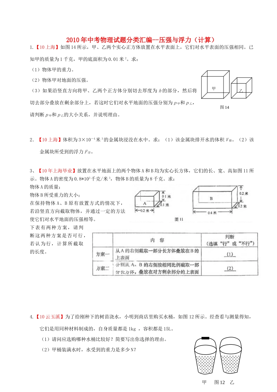 中考物理专题复习 压强与浮力(计算)  人教版试卷_第1页
