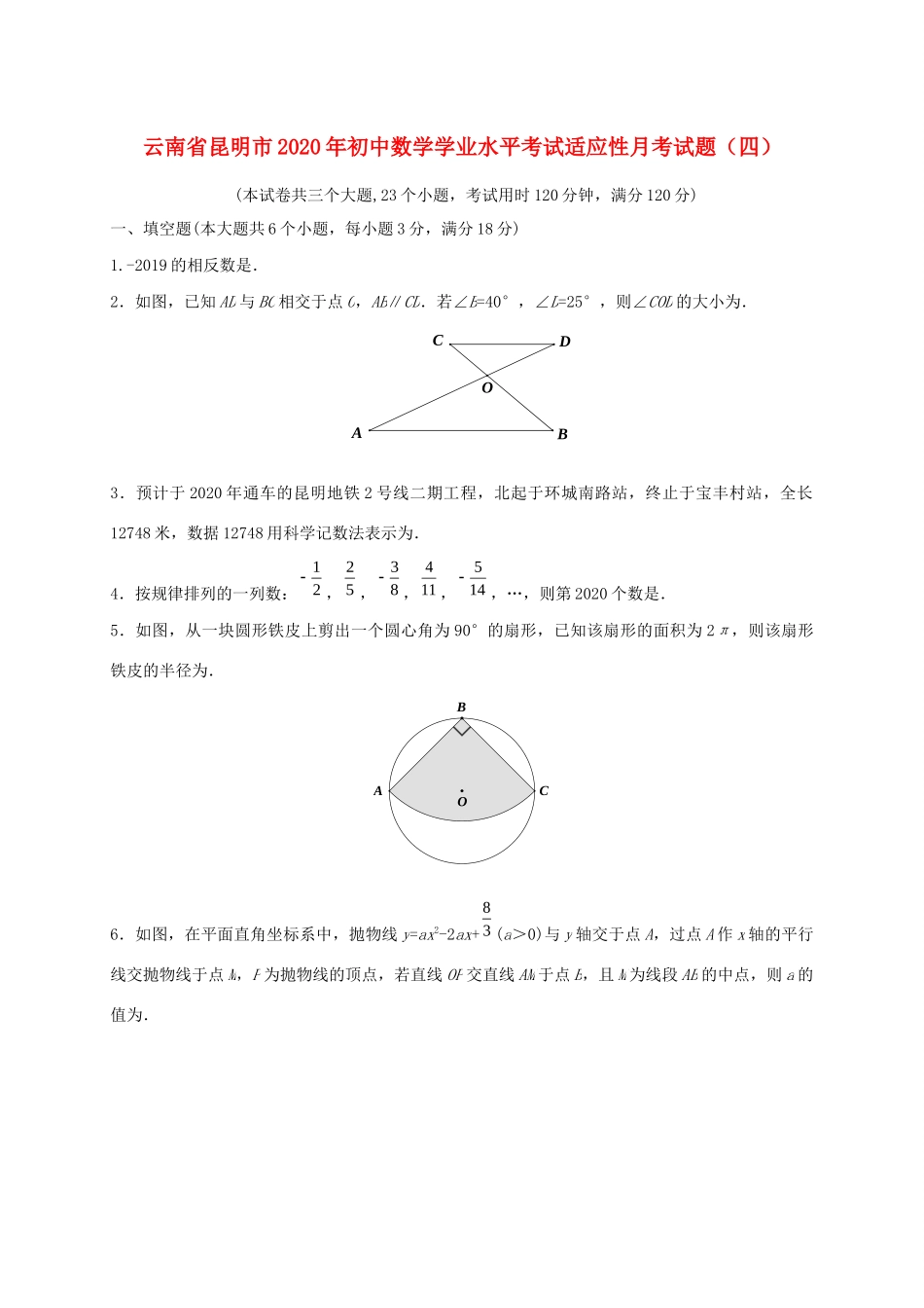 初中数学学业水平考试适应性月考试题(四) 试题_第1页