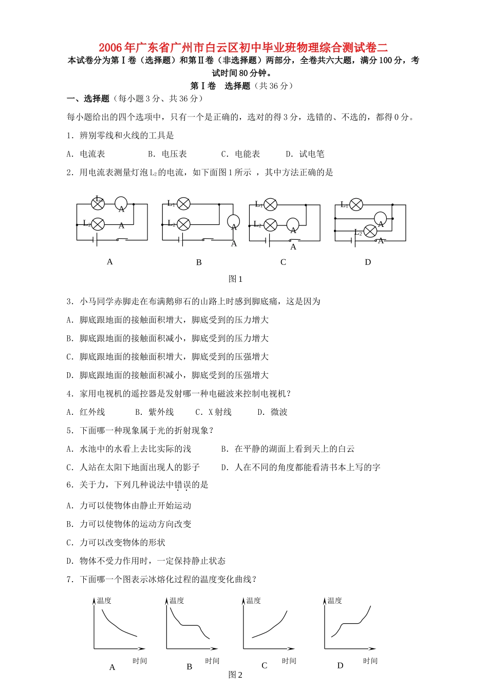初中毕业班物理综合测试卷二 新课标 人教版 试题_第1页