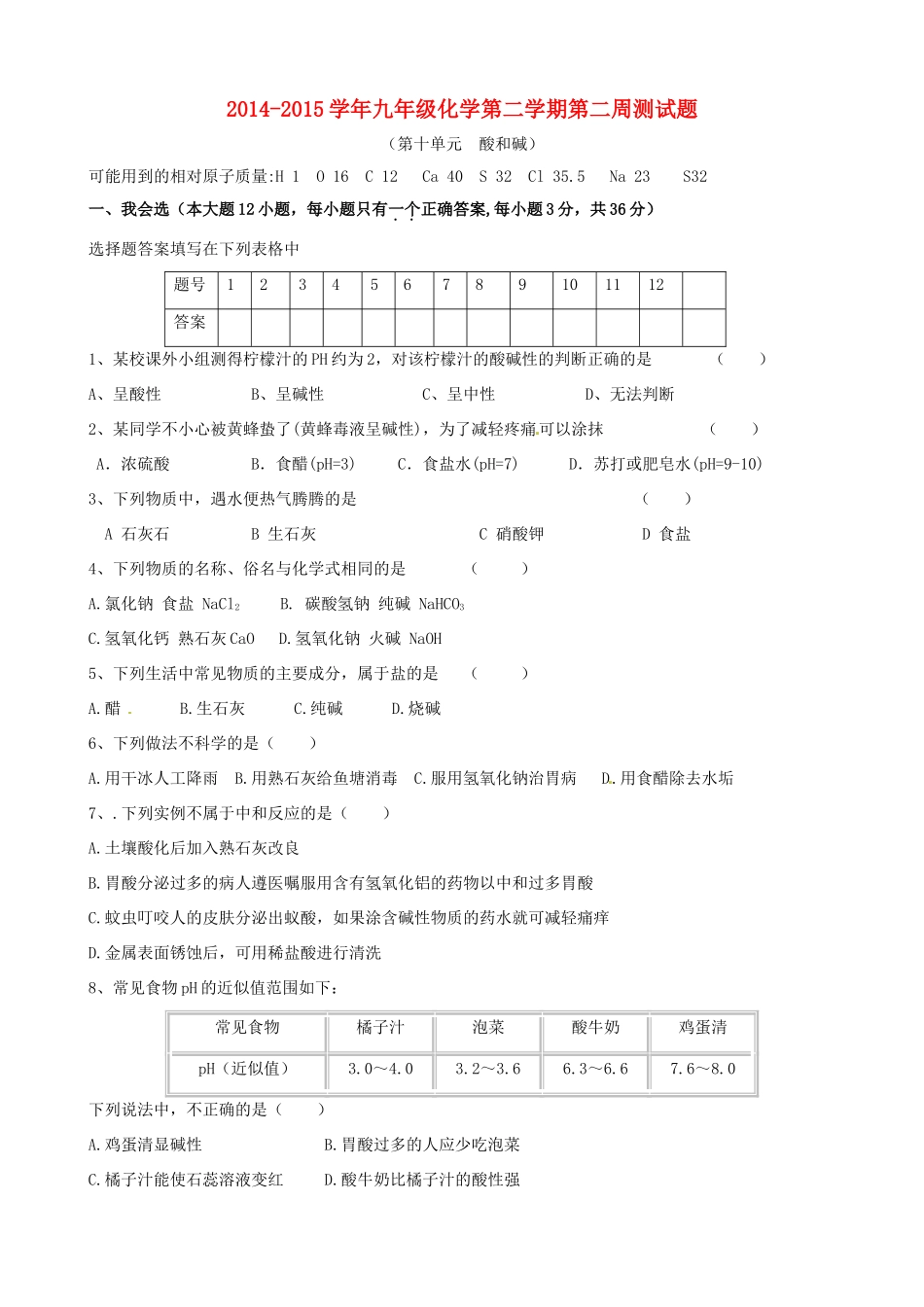 九年级化学下学期第二周测试试卷 新人教版试卷_第1页