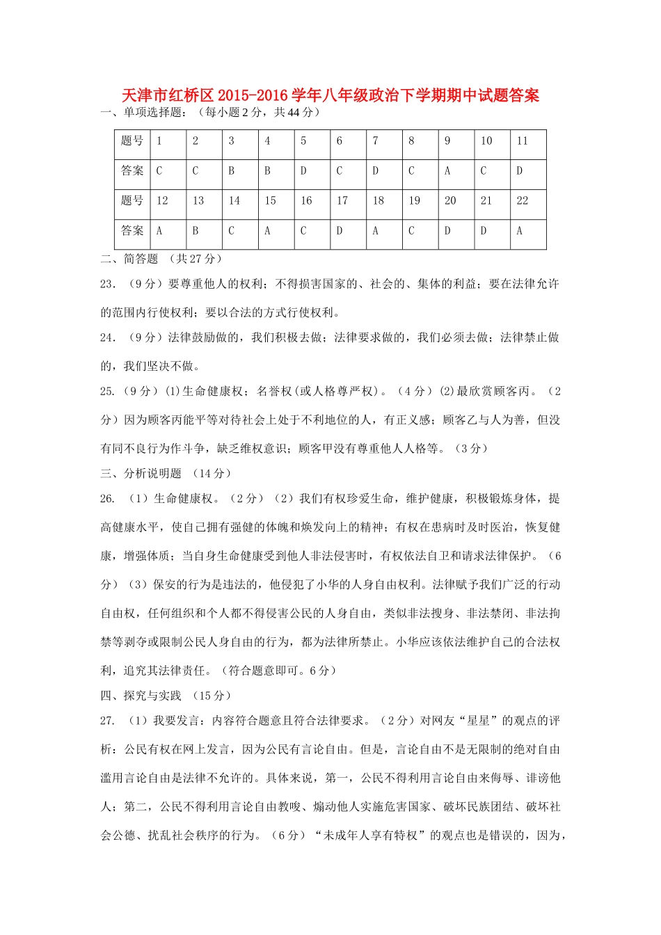 天津市红桥区八年级政治下学期期中试卷答案 新人教版 天津市红桥区八年级政治下学期期中试卷(pdf) 新人教版 天津市红桥区八年级政治下学期期中试卷(pdf) 新人教版_第1页
