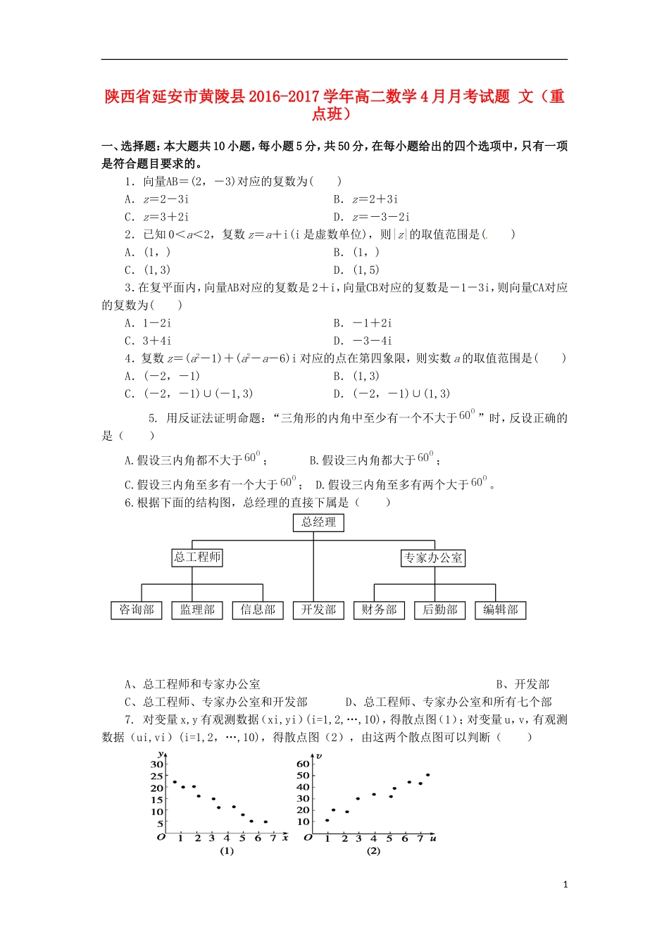 陕西省延安市黄陵县高二数学4月月考试题 文（重点班）-人教版高二全册数学试题_第1页