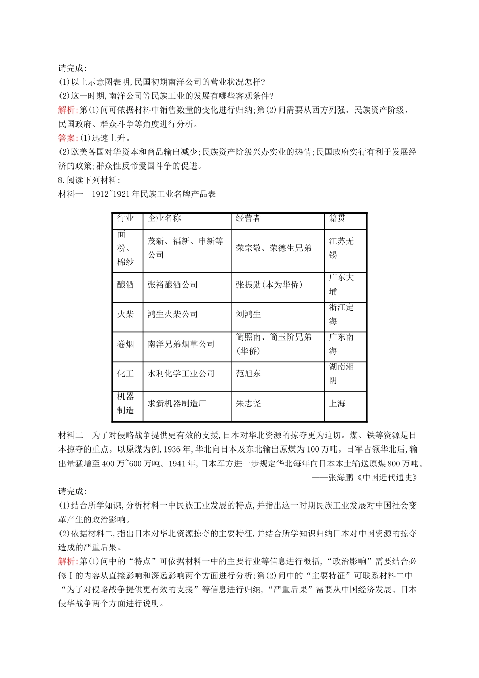 高中历史 2.2 民国时期民族工业的曲折发展课后作业 人民版必修2-人民版高一必修2历史试题_第3页