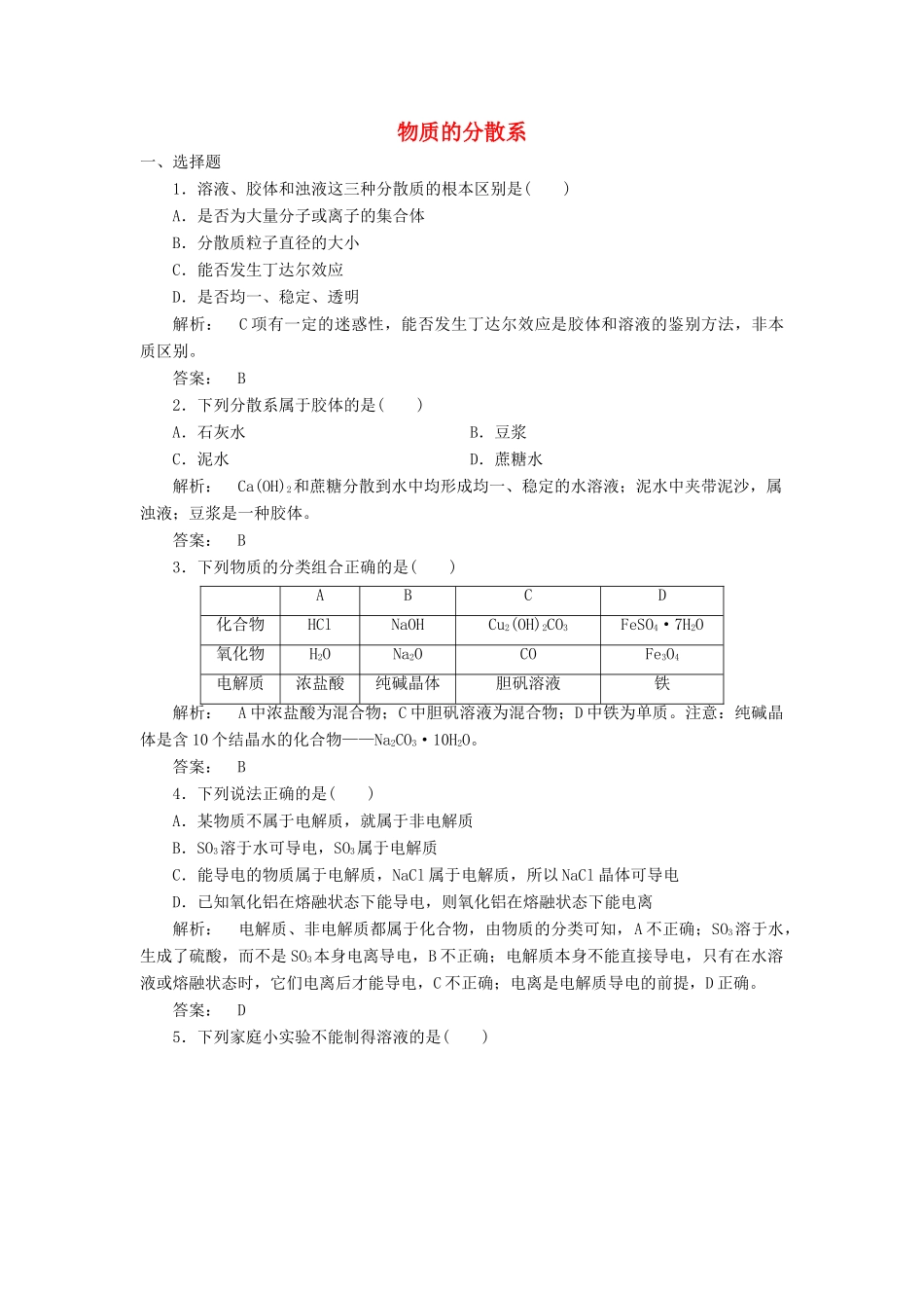 高中化学 1.1.4 物质的分散系课时作业 苏教版必修1-苏教版高一必修1化学试题_第1页