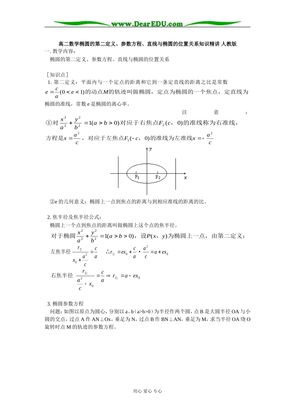 高二数学椭圆的第二定义、参数方程、直线与椭圆的位置关系知识精讲 人教版_第1页