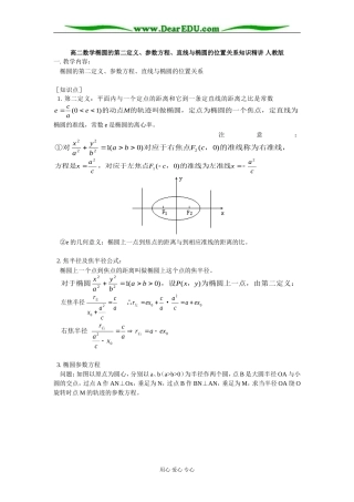 高二数学椭圆的第二定义、参数方程、直线与椭圆的位置关系知识精讲 人教版
