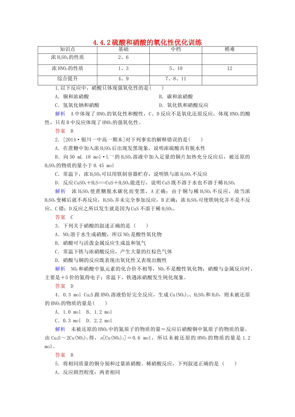 高中化学 4.4.2硫酸和硝酸的氧化性优化训练 新人教版必修1-新人教版高一必修1化学试题_第1页