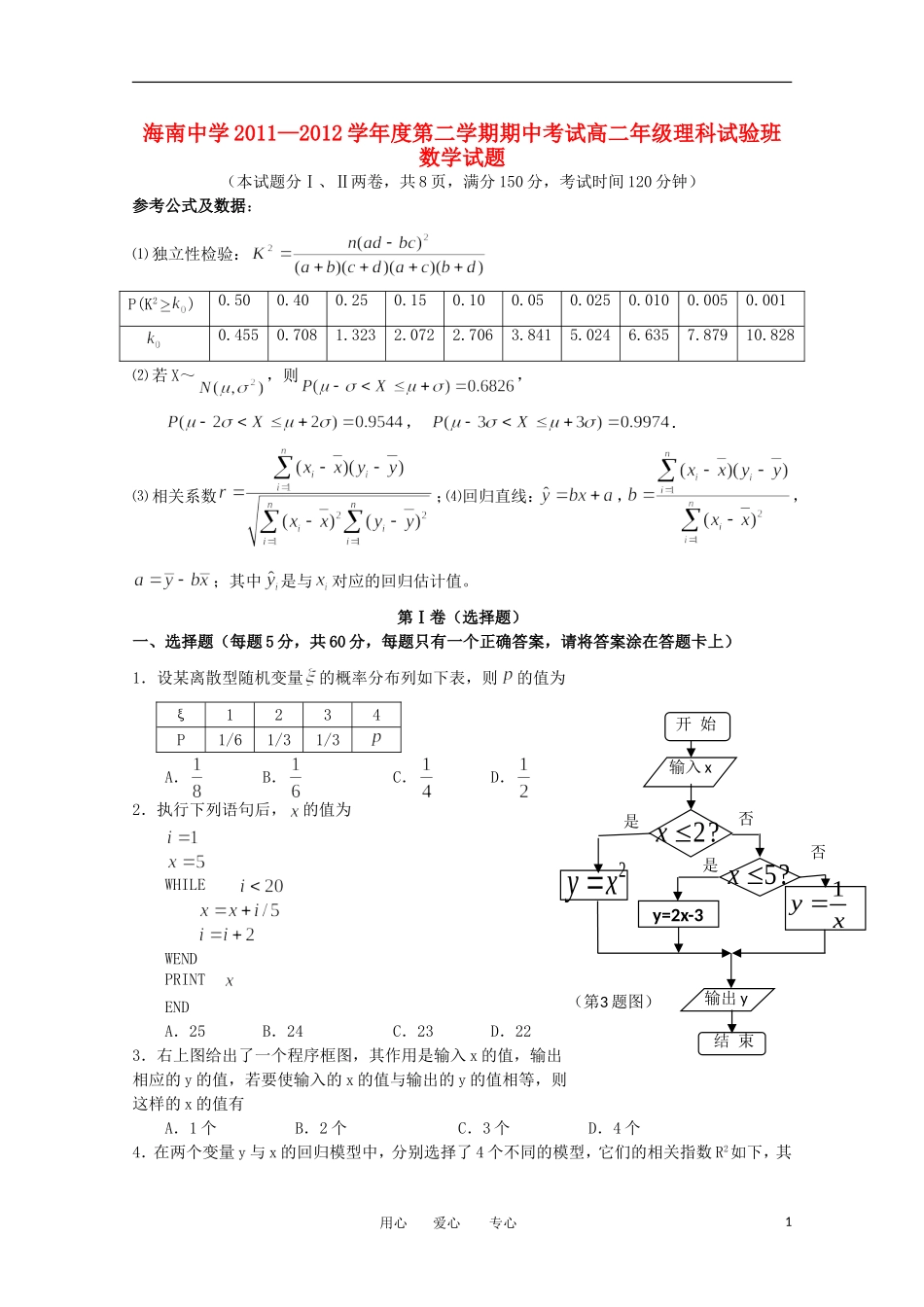 海南省海南中学11-12学年高二数学下学期期中考试（1班）理【会员独享】_第1页