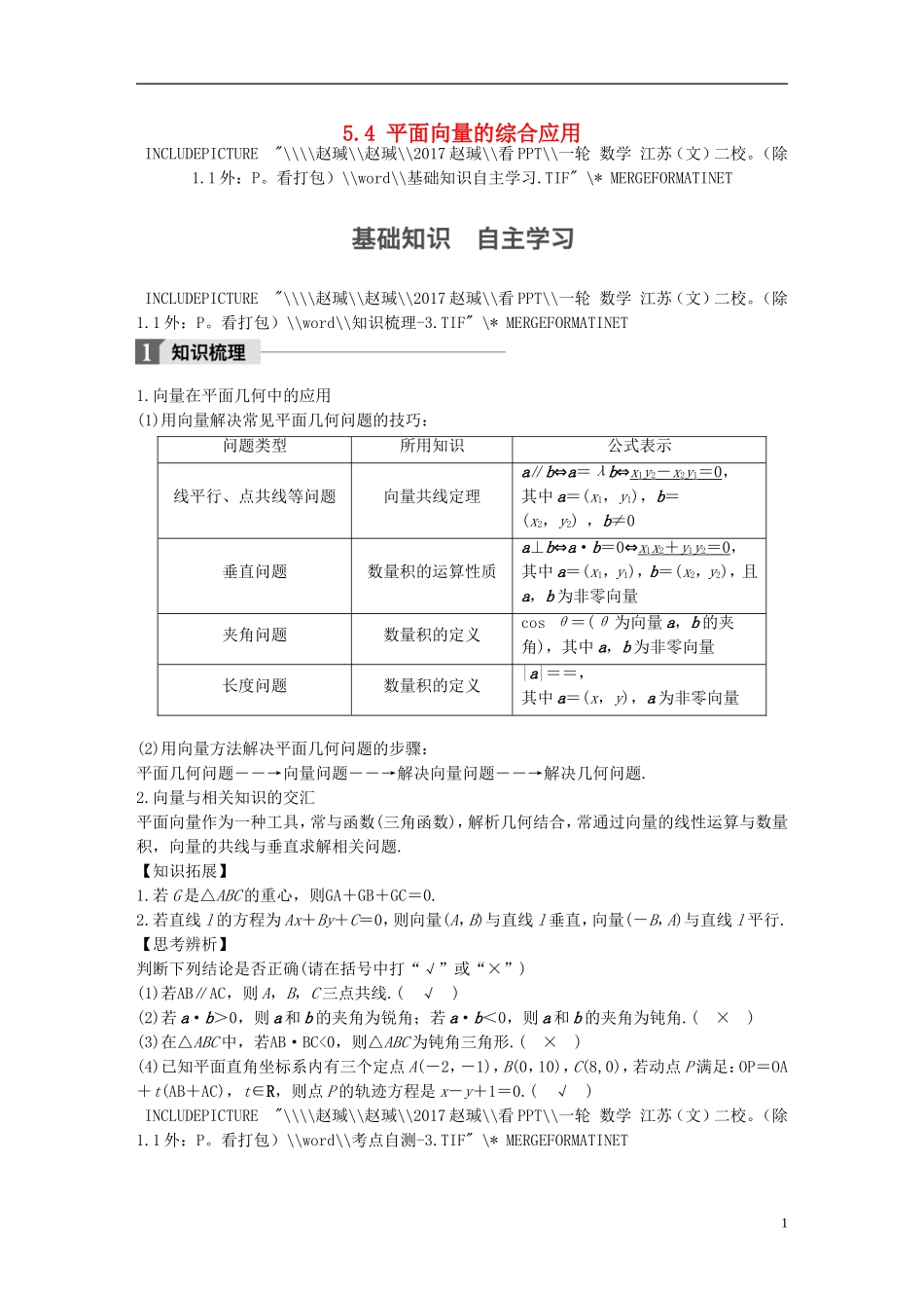 （江苏专用）高考数学大一轮复习 第五章 平面向量 5.4 平面向量的综合应用教师用书 文 苏教版-苏教版高三全册数学试题_第1页