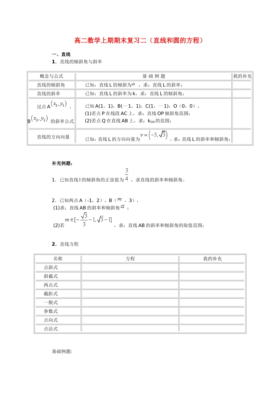 高二数学上期期末复习二（直线和圆的方程）_第1页