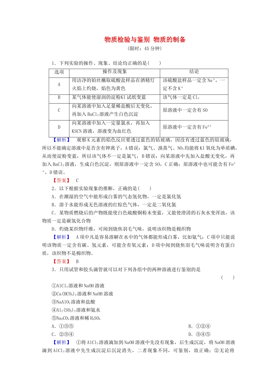 新新高考化学一轮复习 分层限时跟踪练31 第10章 化学实验 第1节 物质检验与鉴别 物质的制备-人教版高三全册化学试题_第1页