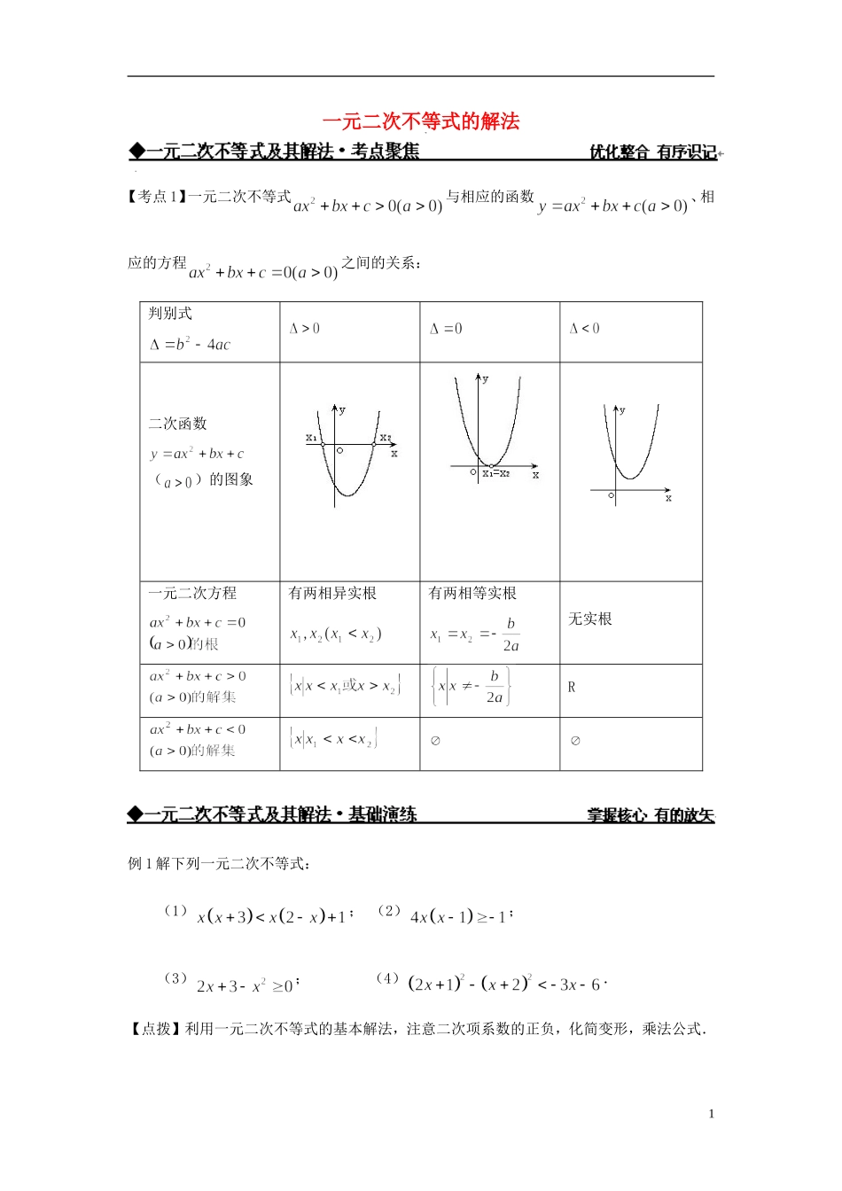 高中数学 一元二次不等式的解法练习 新人教版必修5-新人教版高二必修5数学试题_第1页