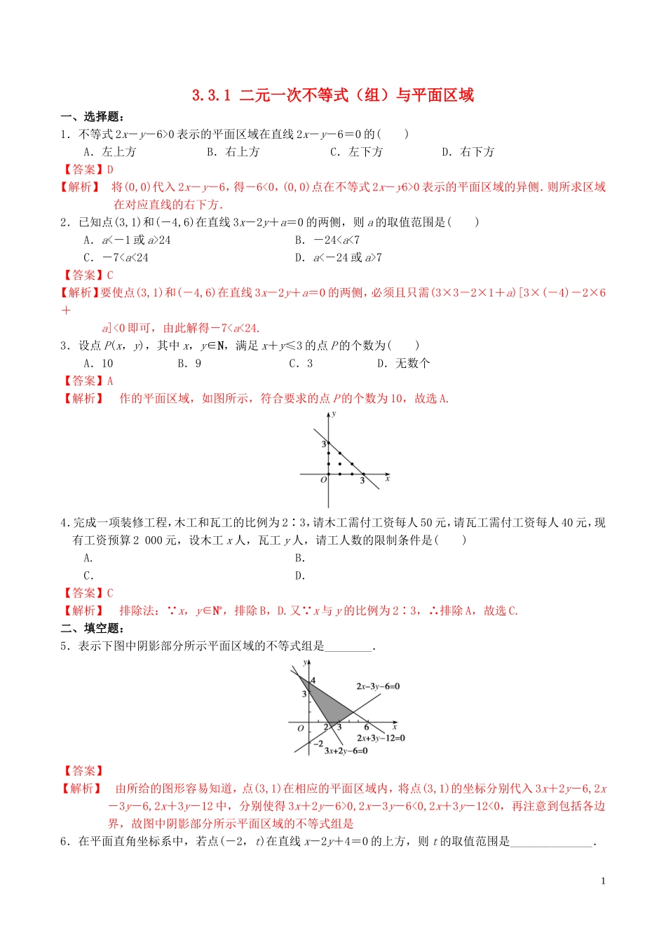 高中数学 第三章 不等式 3.3.1 二元一次不等式（组）与平面区域练习（含解析）新人教A版必修5-新人教A版高二必修5数学试题_第1页