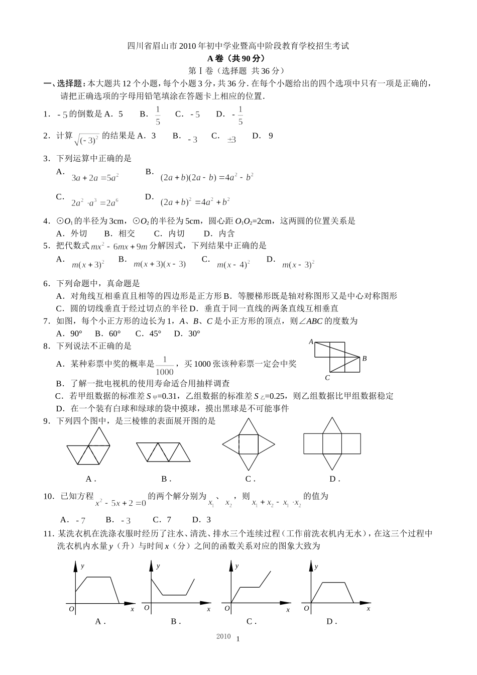 2010眉山市中考数学试题_第1页