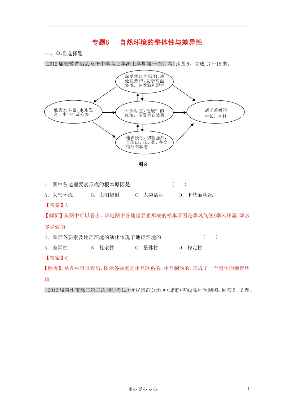 2012届高三地理名校试题分类汇编-专题6-自然环境的整体性与差异性_第1页