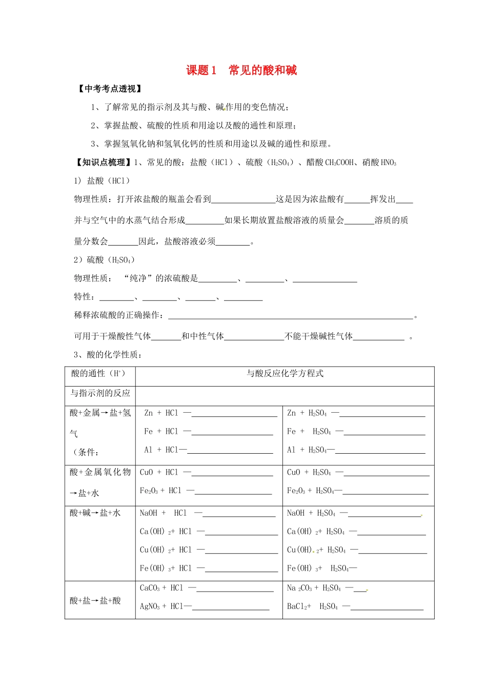 九年级化学下册 101 常见的酸和碱培优训练(新版)新人教版试卷_第1页