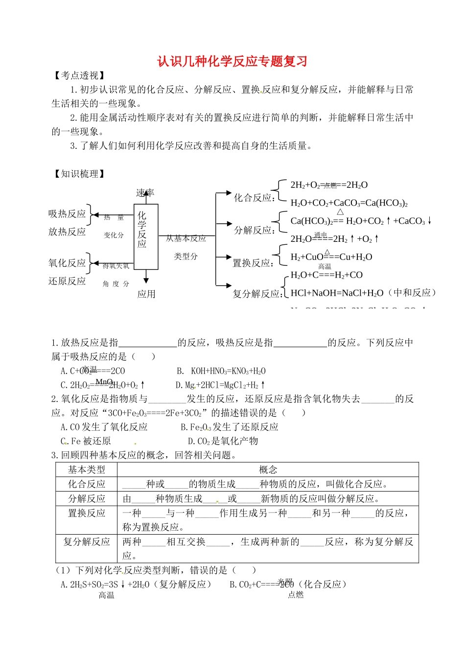 九年级化学下册 认识几种化学反应专题复习 新人教版试卷_第1页