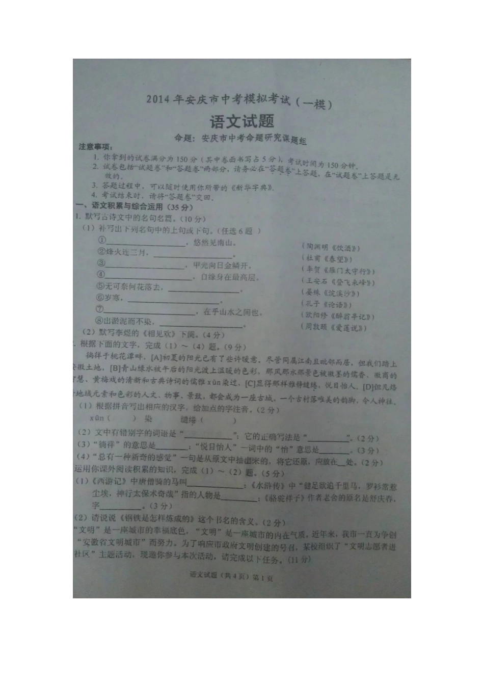 中考语文模拟考试(一模)试卷试卷_第2页