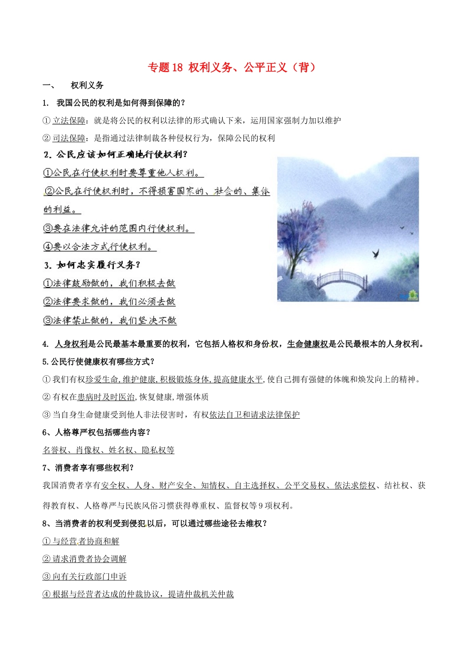 九年级政治寒假作业 专题18 权利义务、公平正义(背)试卷_第1页