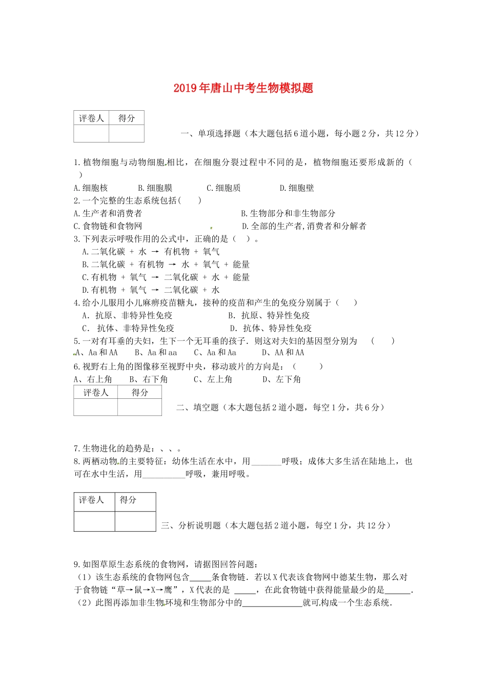 唐山市中考生物模拟题试卷_第1页