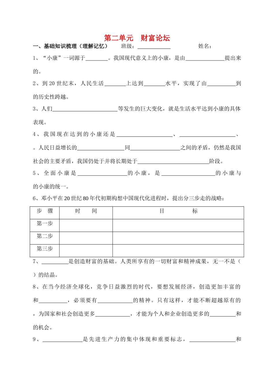 九年级政治 第二单元财富论坛测试卷 教科版试卷_第1页