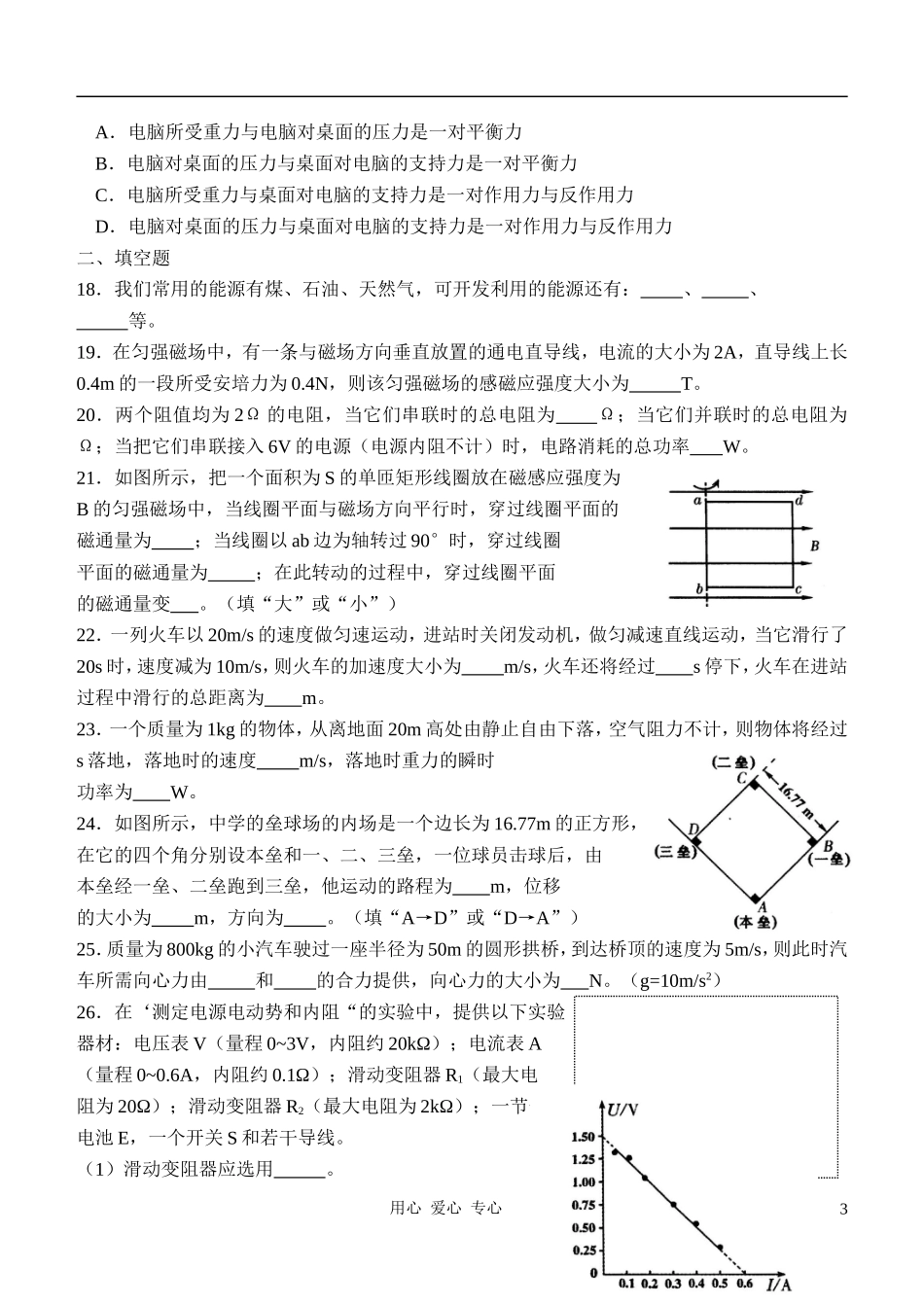 2004年福建省普通高中物理会考试卷_第3页