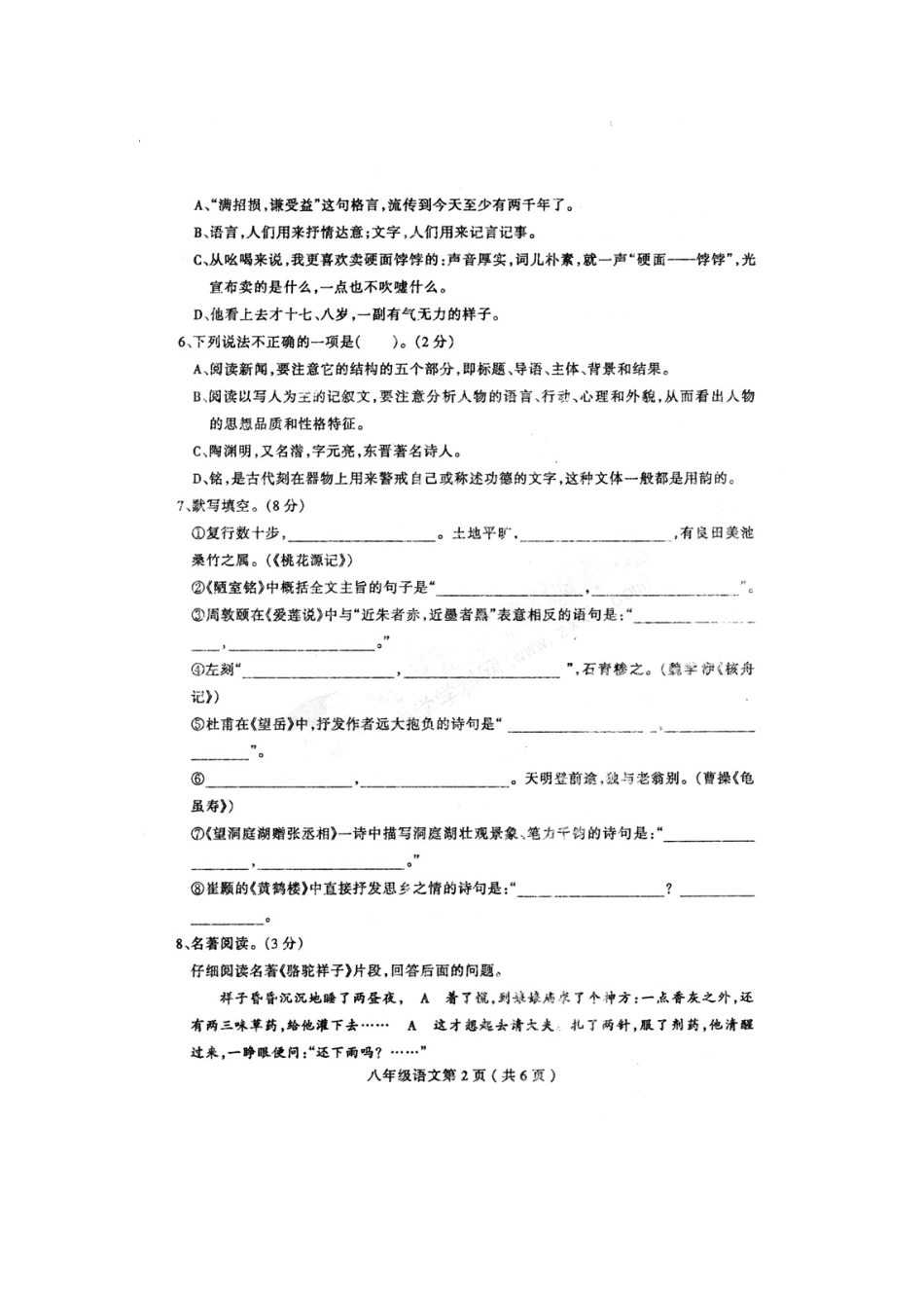 山东省莒南县八年级语文上学期阶段性检测试卷试卷_第2页