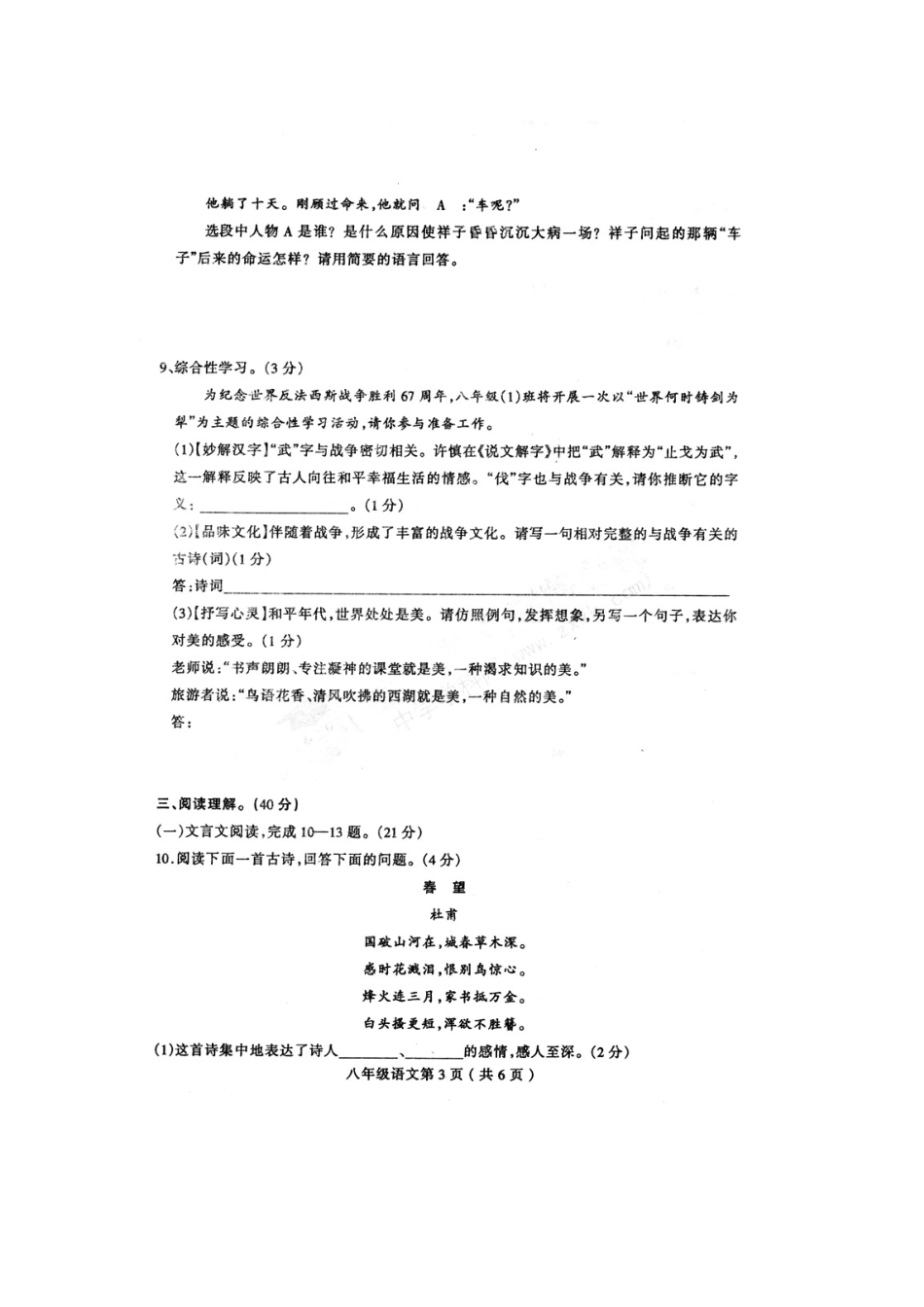 山东省莒南县八年级语文上学期阶段性检测试卷试卷_第3页