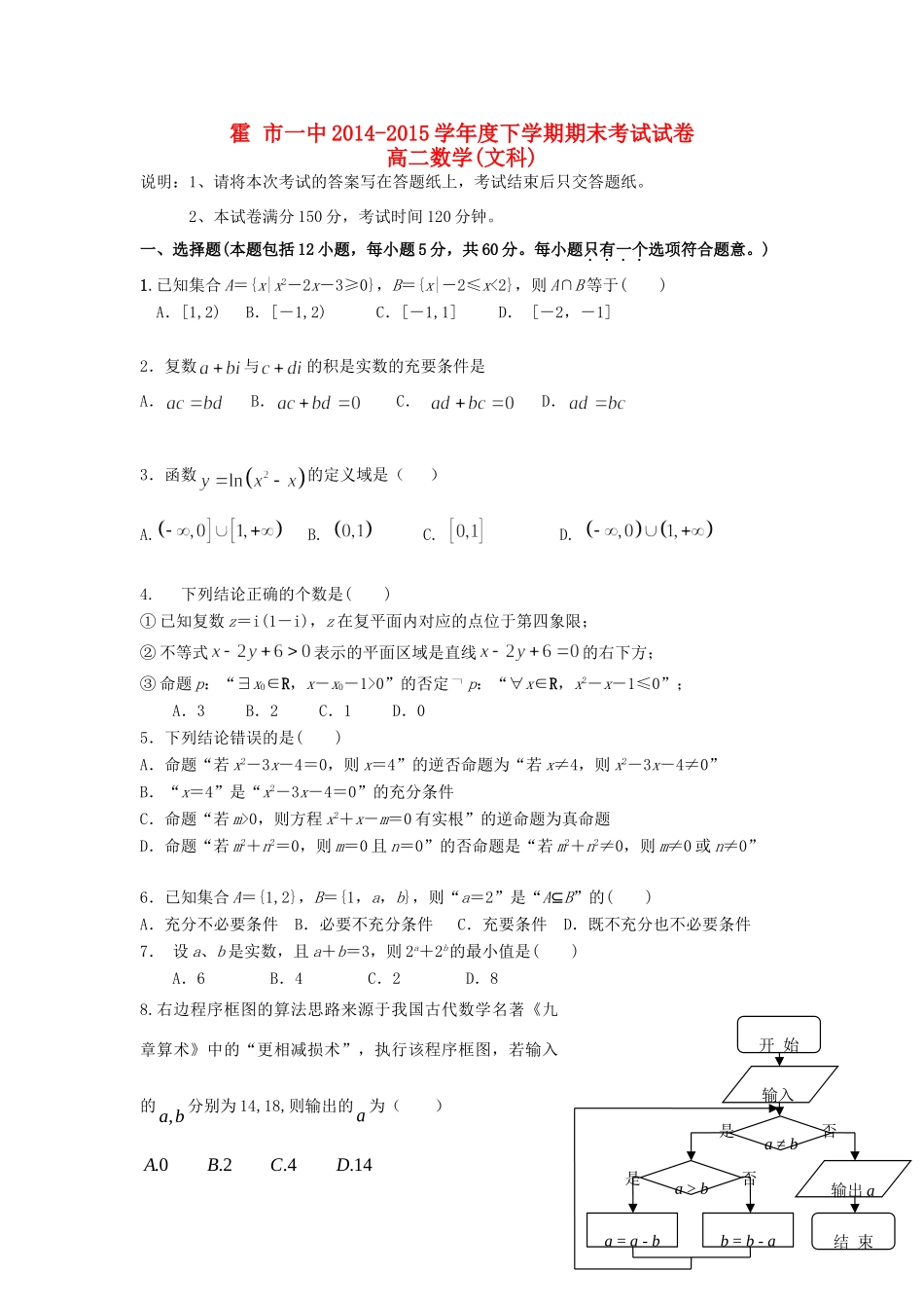 内蒙古霍市一中 高二数学下学期期末考试试题 文(无答案) 试题_第1页