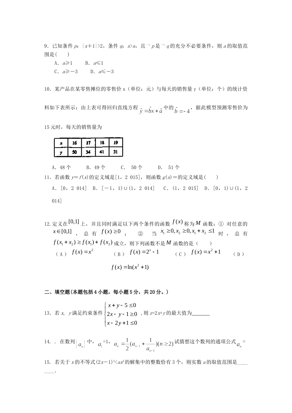 内蒙古霍市一中 高二数学下学期期末考试试题 文(无答案) 试题_第2页
