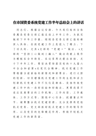 在市国资委系统党建工作半年总结会上的讲话
