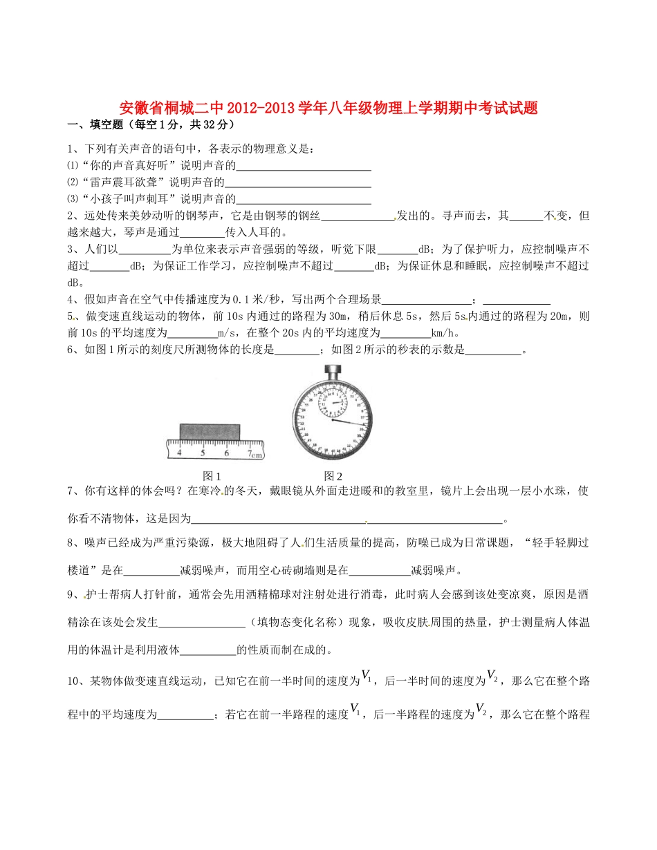 安徽省桐城二中八年级物理上学期期中考试试卷试卷_第1页