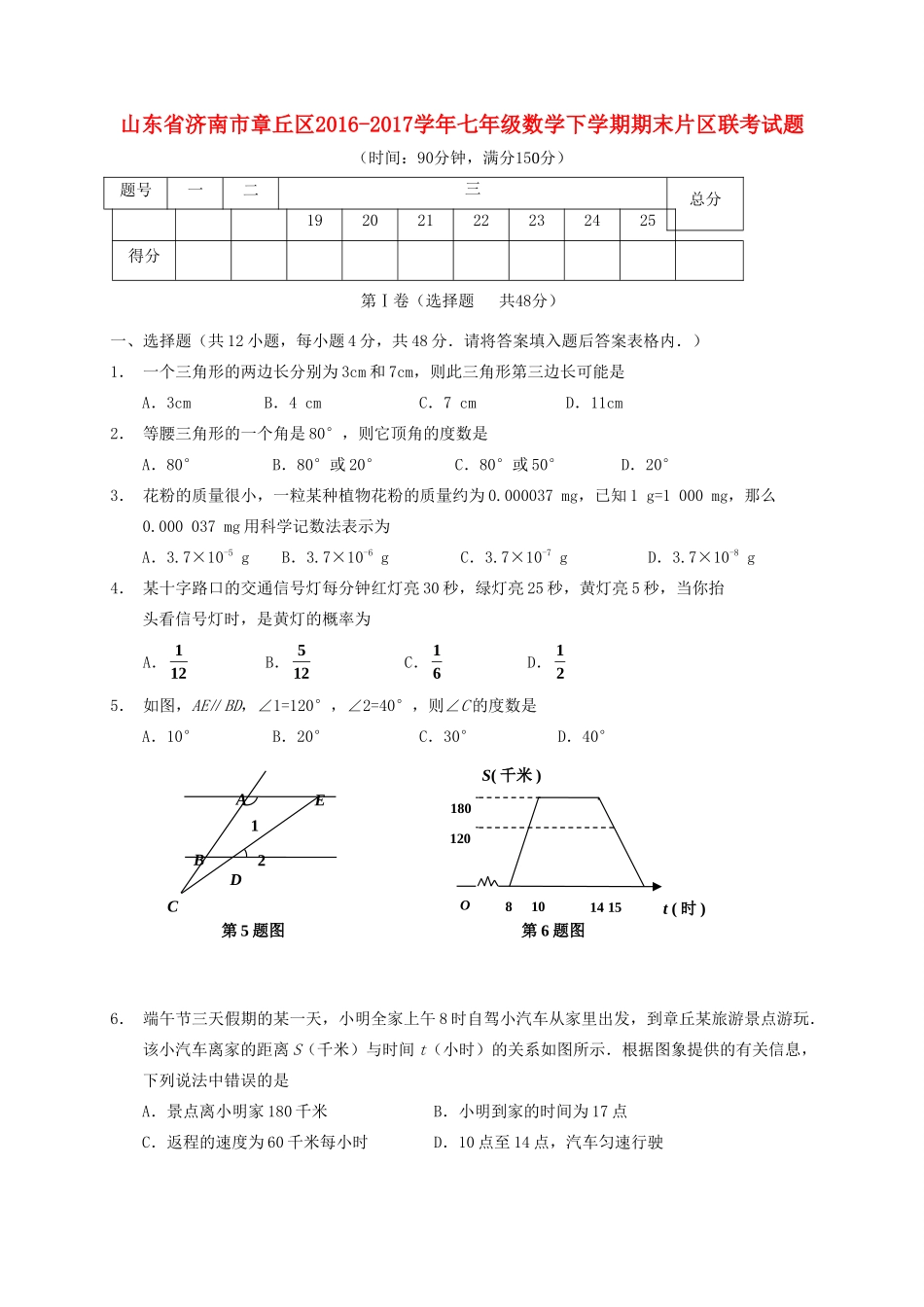 山东省济南市章丘区七年级数学下学期期末片区联考试卷_第1页