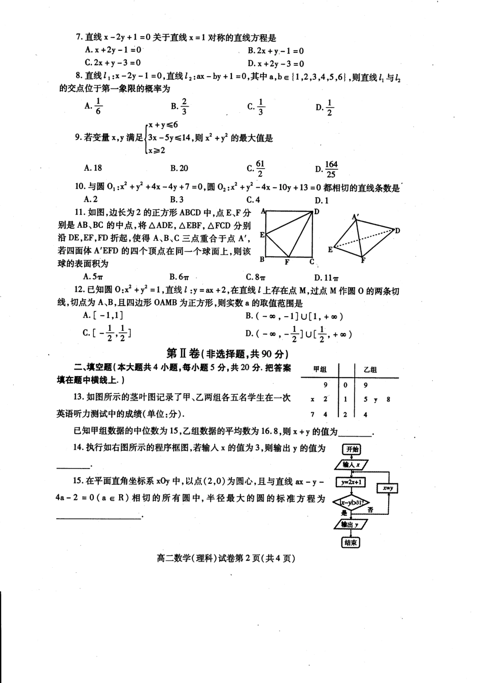 四川省内江市高二上学期期末检测数学(理)试卷(PDF) 四川省内江市高二数学上学期期末检测试卷 理(PDF) 四川省内江市高二数学上学期期末检测试卷 理(PDF)_第2页