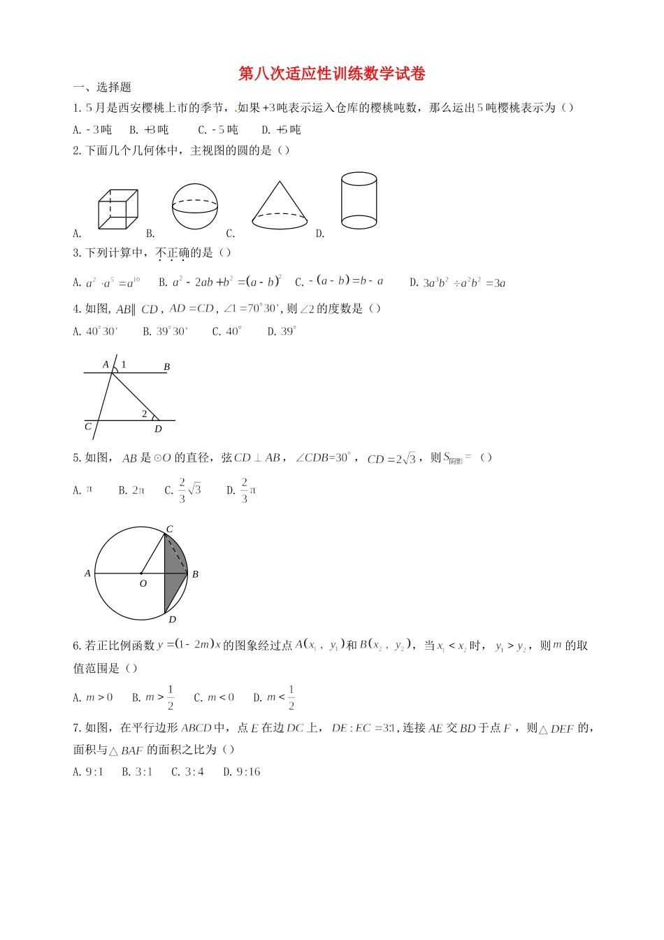 九年级数学第八次适应性训练试卷试卷_第1页