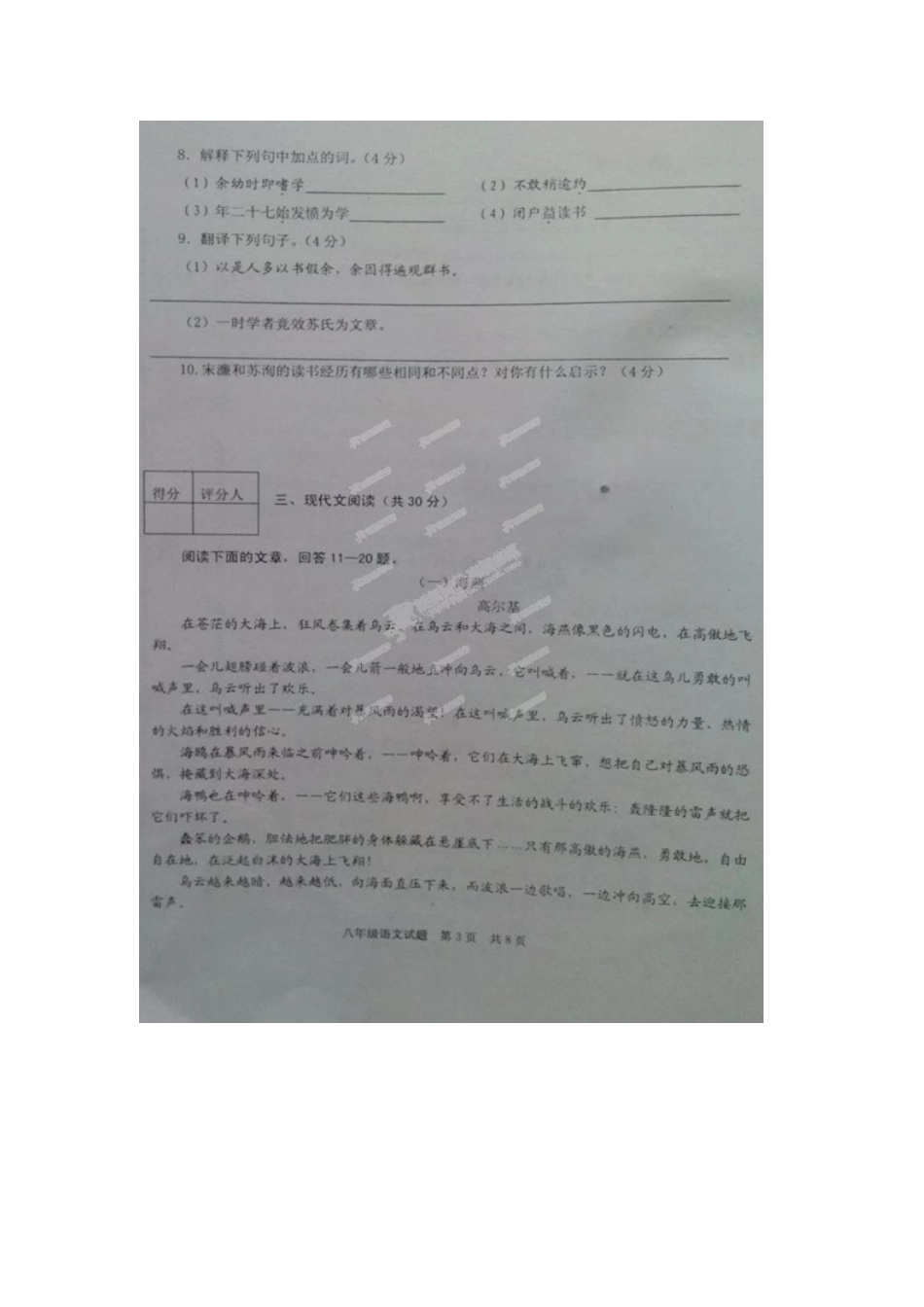 山东省微山县八年级语文下学期期中试卷试卷_第3页