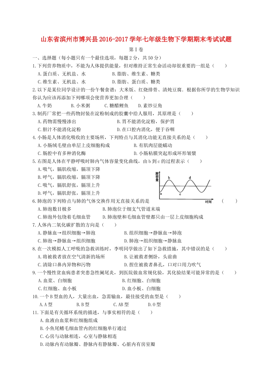 山东省滨州市博兴县七年级生物下学期期末考试试卷_第1页