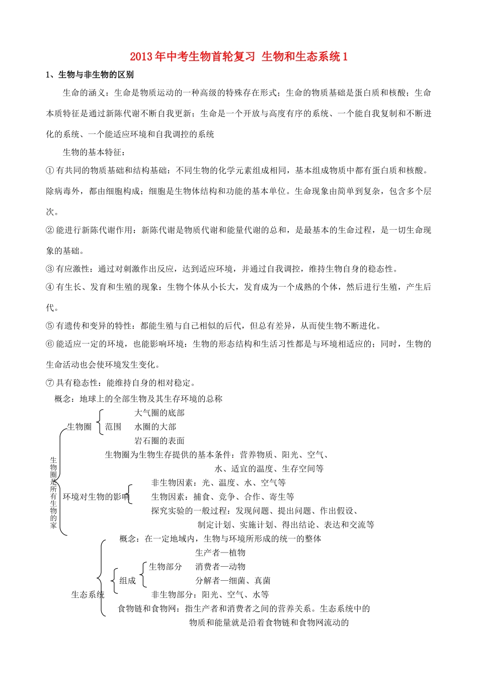 中考生物首轮复习 生物和生态系统1试卷_第1页
