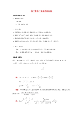 九年级数学三角函数浙江版知识精讲试卷