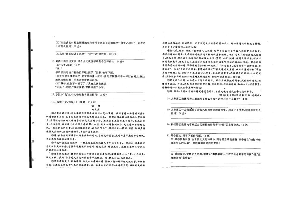 山东省菏泽市鄄城县九年级语文下学期第二次模拟考试试卷试卷_第3页