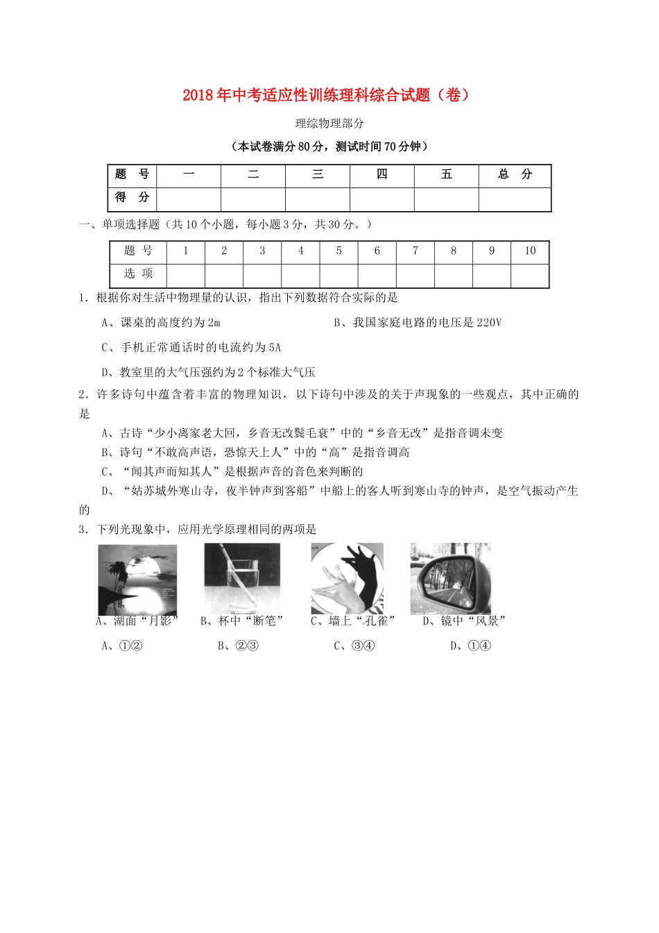 中考物理适应性训练试卷_第1页