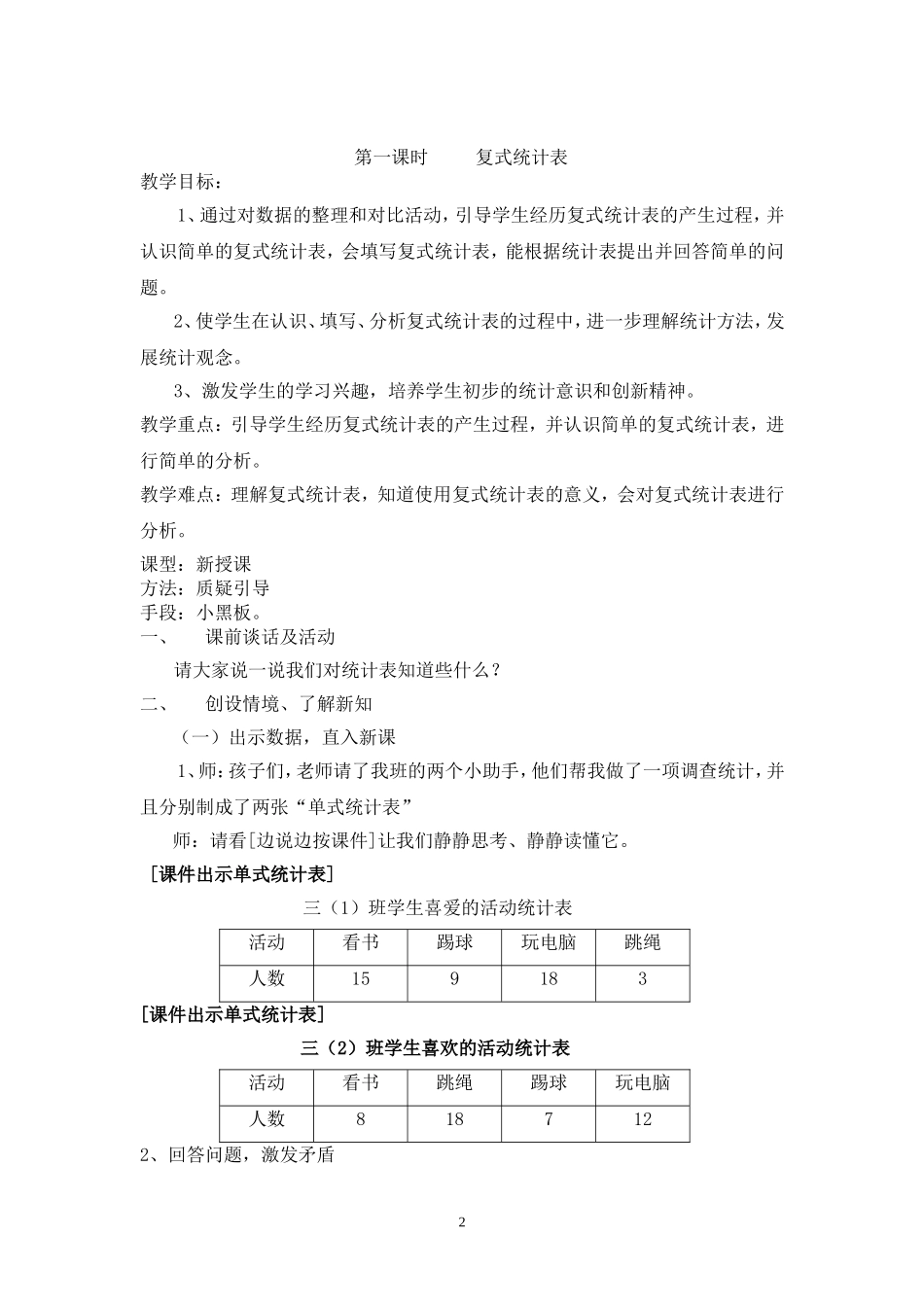 小学数学2011版本小学四年级三年级下册服饰统计表_第2页