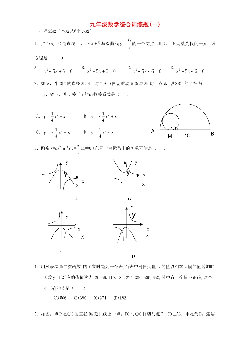 九年级数学综合训练题一新课标 人教版试卷_第1页