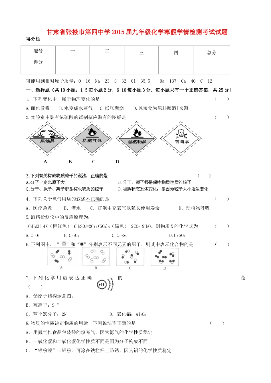 九年级化学寒假学情检测考试试卷_第1页