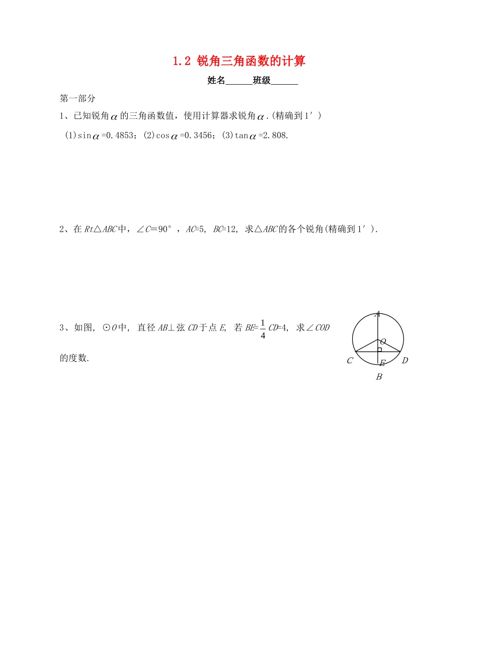 九年级数学下册 12 锐角三角函数的计算巩固训练 (新版)浙教版试卷_第1页