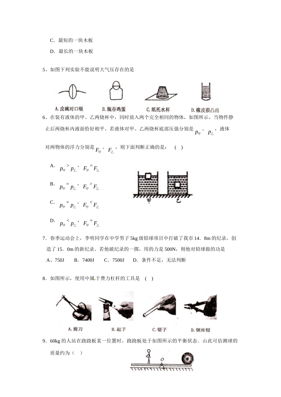 山东省济宁市邹城六中八年级物理下学期期末考试试卷 人教版试卷_第2页