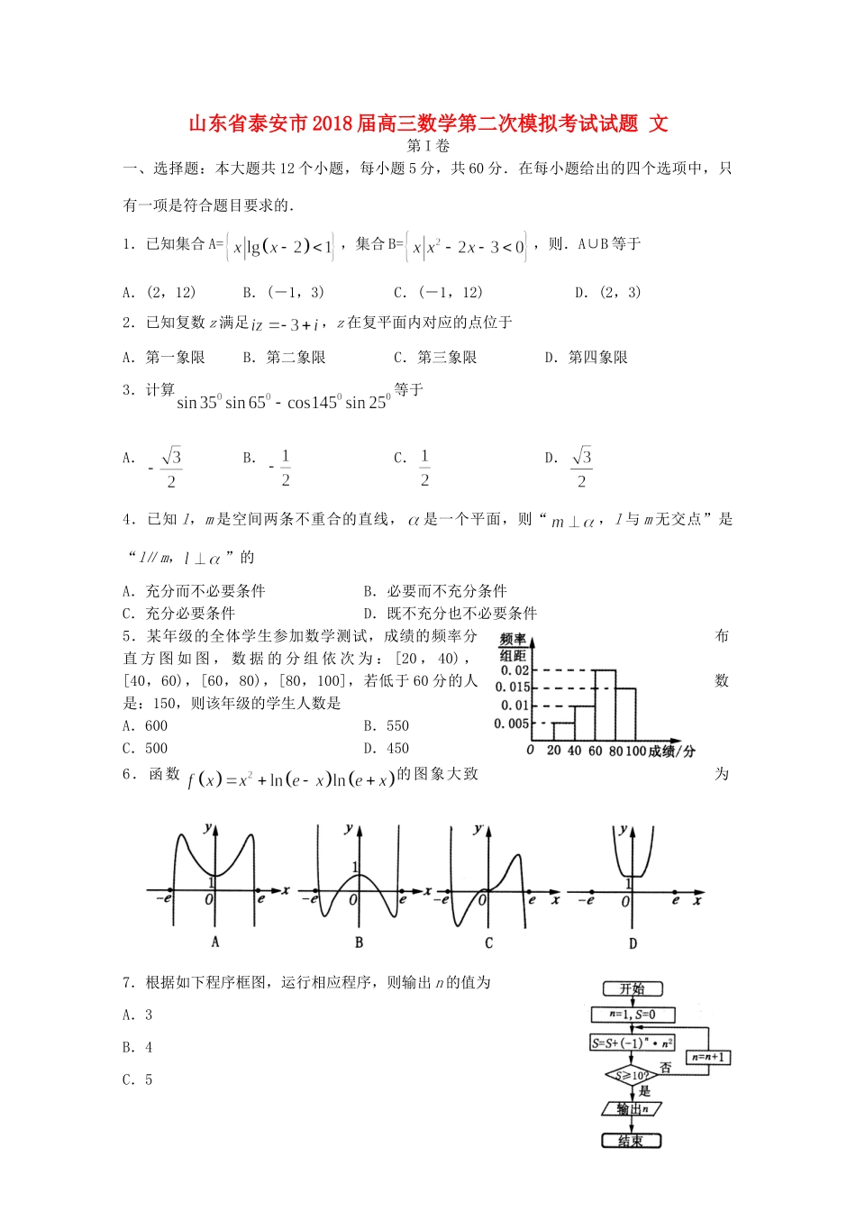 山东省泰安市高三数学第二次模拟考试试卷 文试卷_第1页