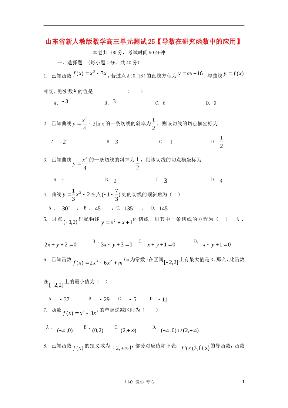 山东省2012届高三数学-25导数在研究函数中的应用单元测试-新人教A版_第1页