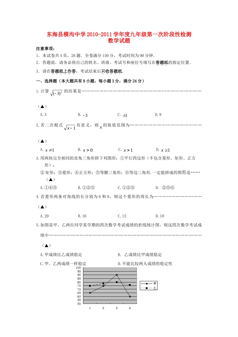 九年级数学第一次阶段性检测试卷 苏教版试卷_第1页