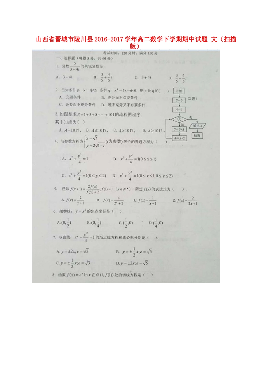 山西省晋城市陵川县 高二数学下学期期中试卷 文试卷_第1页